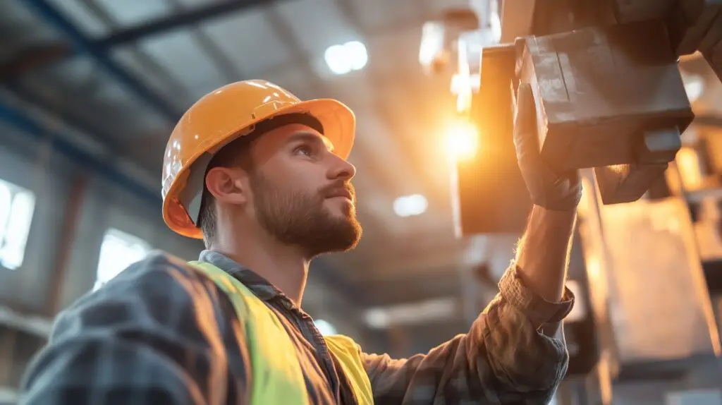 worker focuses on machinery in industrial facility during late afternoon shift